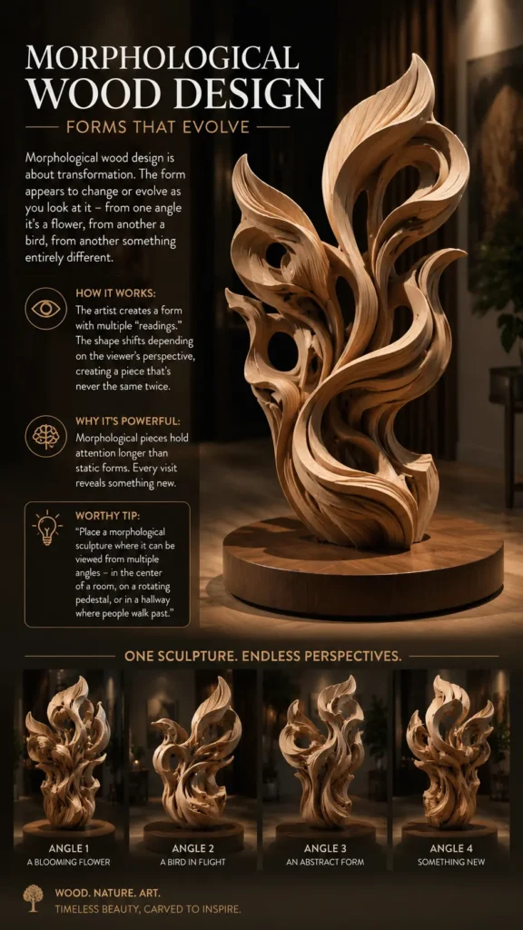 An infographic featuring a dynamic light wood sculpture carved with flame-like, fluid petals that twist upward from a circular wooden base. The text reads "Morphological Wood Design – Forms That Evolve." Four smaller photos at the bottom show the artwork from different perspectives labeled Angle 1 (A Blooming Flower), Angle 2 (A Bird in Flight), Angle 3 (An Abstract Form), and Angle 4 (Something New), showcasing how the shape transforms based on the viewer's angle.