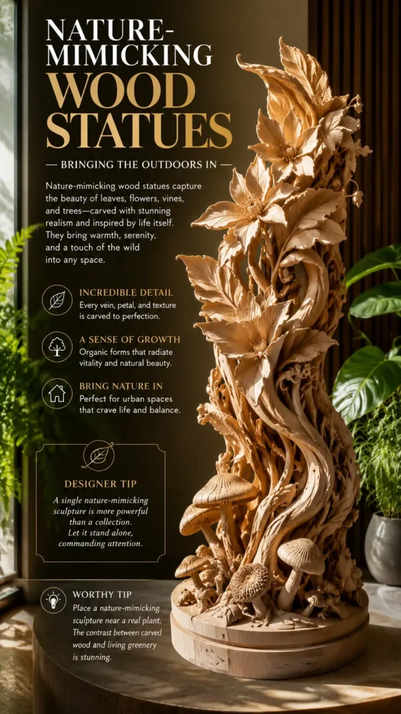 An infographic highlighting an intricately hand-carved wood statue of realistic forest elements, featuring detailed blooming flowers, textured leaves, twisting vines, and clusters of mushrooms at the base. Bold gold and white text reads "Nature-Mimicking Wood Statues – Bringing the Outdoors In." The design includes bullet points on incredible detail and a sense of growth, along with designer tips recommending placing the sculpture near living greenery for a striking contrast.