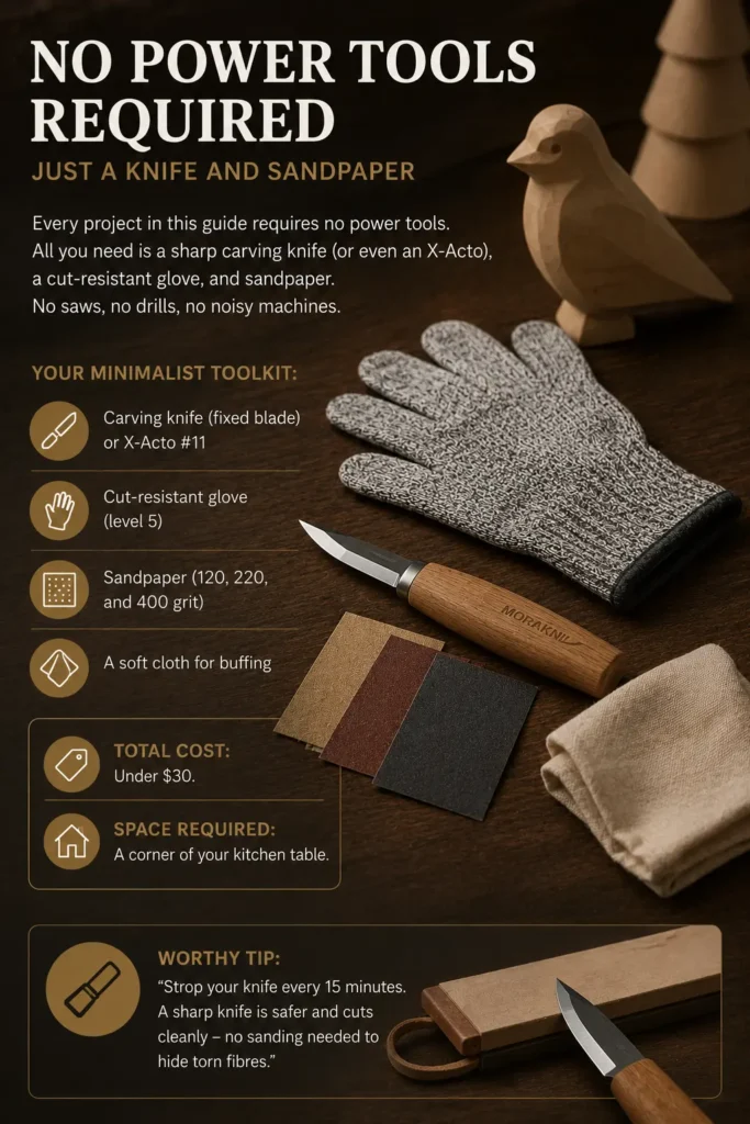 An infographic titled "No Power Tools Required – Just a Knife and Sandpaper.webp" detailing a minimalist woodworking toolkit. The top right displays a carved wooden bird and tree. The main section shows the physical tools laid out on a dark wooden surface: a Morakniv carving knife, a grey cut-resistant glove, swatches of sandpaper, and a buffing cloth. Icons and text on the left detail the tools, cost, and space required. A "Worthy Tip" box at the bottom explains knife stropping.