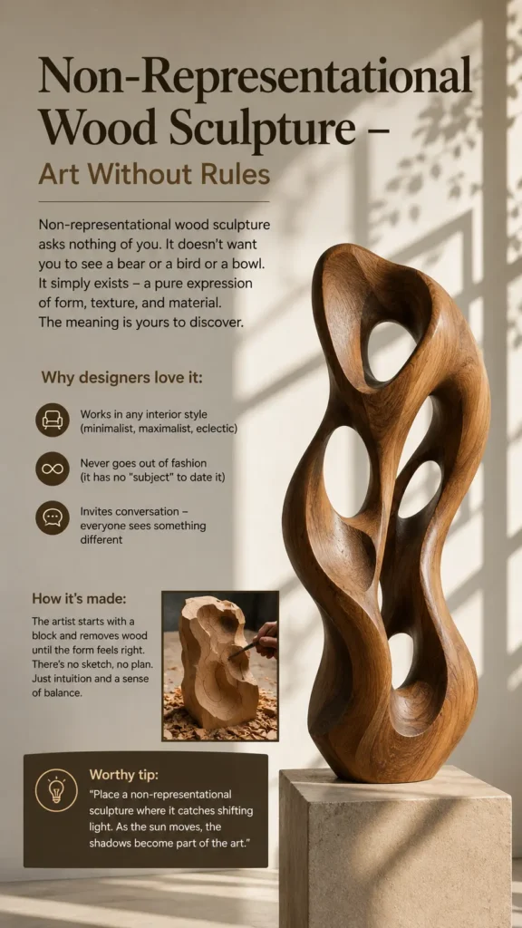 Here is the alt text for the file **Non‑Representational Wood Sculpture – Art Without Rules.webp**: An educational infographic titled "Non-Representational Wood Sculpture – Art Without Rules." It showcases a tall, fluidly carved wooden sculpture with multiple smooth hollows and openings, displayed on a stone pedestal. The text explains that the art is a pure expression of form and texture without a specific subject. It includes details on why designers love it, how it's made intuitively by removing wood, and a tip to place it where shifting sunlight creates shadows.