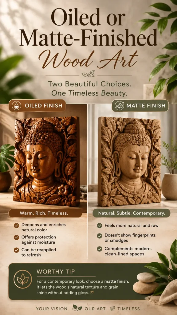 An infographic titled "Oiled or Matte-Finished Wood Art – Two Beautiful Choices.webp". It compares two hand-carved wooden Buddha relief panels. The left panel shows an oiled finish that is warm, rich, and deepens the natural color. The right panel shows a matte finish that looks subtle, raw, and natural. The text highlights that oiled finishes protect against moisture, while matte finishes don't show fingerprints. A "Worthy Tip" suggests choosing a matte finish for a contemporary look.
