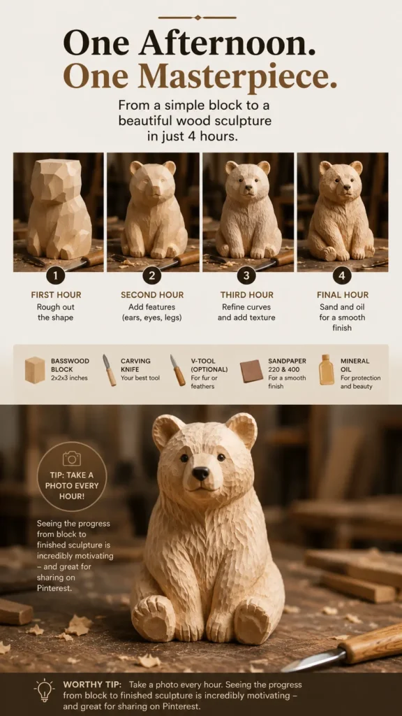 An infographic titled "One‑Afternoon Wood Sculpture – Your First Real Masterpiece.webp". The image outlines a four-hour process to carve a bear figurine. Four numbered panels show the progression: roughing out the shape, adding features like ears and eyes, refining curves with texture, and sanding and oiling the final piece. A materials row lists a basswood block, carving knife, V-tool, sandpaper, and mineral oil. A large photo at the bottom highlights the completed, detailed wooden bear.