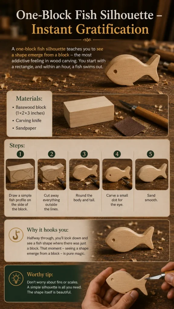 An instructional infographic titled "One‑Block Fish Silhouette – Instant Gratification.webp". It details a 5-step beginner wood carving project. The materials section lists a basswood block, carving knife, and sandpaper. Sequential step photos show drawing a fish profile on the block, cutting away the outside wood, rounding the body and tail, carving a small dot for the eye, and sanding it smooth. The bottom features a completed wooden fish being held by hands using a carving knife.