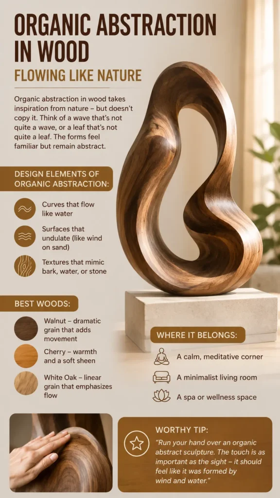 An educational infographic titled "Organic Abstraction in Wood – Flowing Like Nature." It showcases a large, smoothly curved wooden sculpture with an open center, resembling an abstract natural loop on a stone block. The text outlines design elements like flowing curves and undulations, lists walnut, cherry, and white oak as ideal woods, and suggests displaying the piece in calm, minimalist, or wellness spaces to enhance serenity.