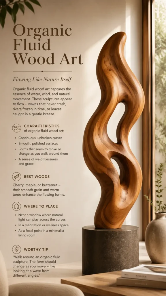 An educational infographic showcasing a tall, undulating wooden sculpture with fluid, wave-like curves and central open cutouts, resting on a dark cylindrical pedestal by a bright window. Elegant text on the left reads "Organic Fluid Wood Art – Flowing Like Nature Itself." The graphic highlights key characteristics like continuous curves and weightlessness, recommends wood types like cherry or maple, and suggests placements such as meditation spaces or minimalist living rooms.