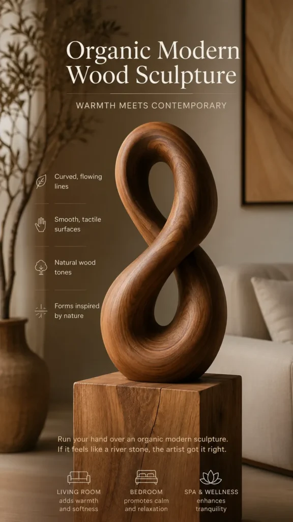 An infographic pin from Organic Modern Wood Sculpture – Warmth Meets Contemporary.webp showcasing a smooth, figure-eight abstract wood sculpture on a wooden block pedestal. Text highlights features like "Curved, flowing lines" and "Natural wood tones." Icons at the bottom suggest placement in a living room, bedroom, or spa to add warmth and softness. Ideal for organic modern interior design and minimalist home decor ideas.