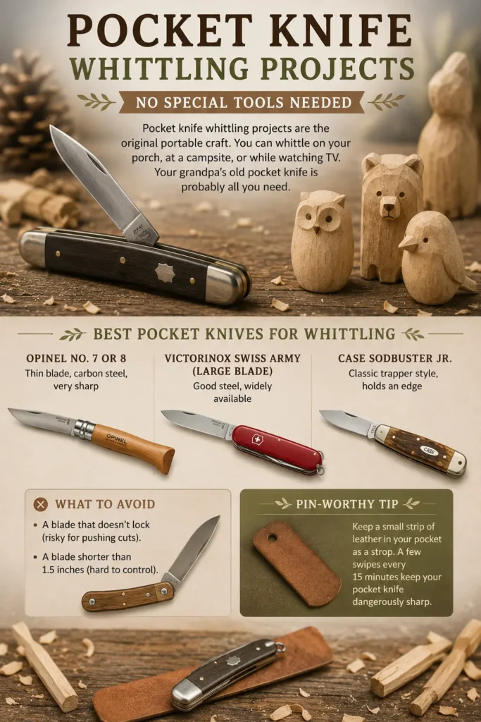 An infographic guide titled "Pocket Knife Whittling Projects – No Special Tools Needed.webp". The top section features a traditional slipjoint pocket knife next to small, hand-carved wooden animals: an owl, a bear, and a bird. The middle section lists three recommended knives: Opinel No. 7 or 8, Victorinox Swiss Army, and Case Sodbuster Jr. The bottom includes a "What to Avoid" warning with an illustration, a "Pin-Worthy Tip" featuring a leather strop, and scattered wood pieces.