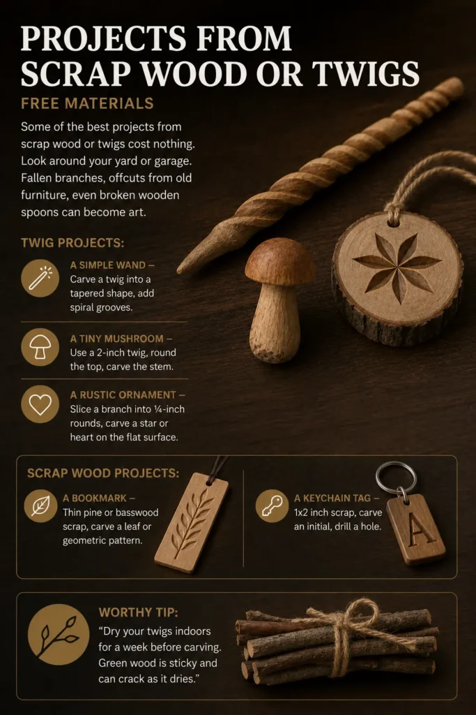 An infographic titled "Projects from Scrap Wood or Twigs – Free Materials.webp" highlighting budget-friendly woodcarving ideas. The upper section displays three carved items: a spiral wand, a tiny mushroom, and a rustic wood-slice ornament with a star pattern. Below, a section on scrap wood features a leaf-patterned bookmark and an initialed keychain tag. At the bottom, a "Worthy Tip" box shows a small bundle of dry twigs tied with twine, giving advice on drying wood before carving.