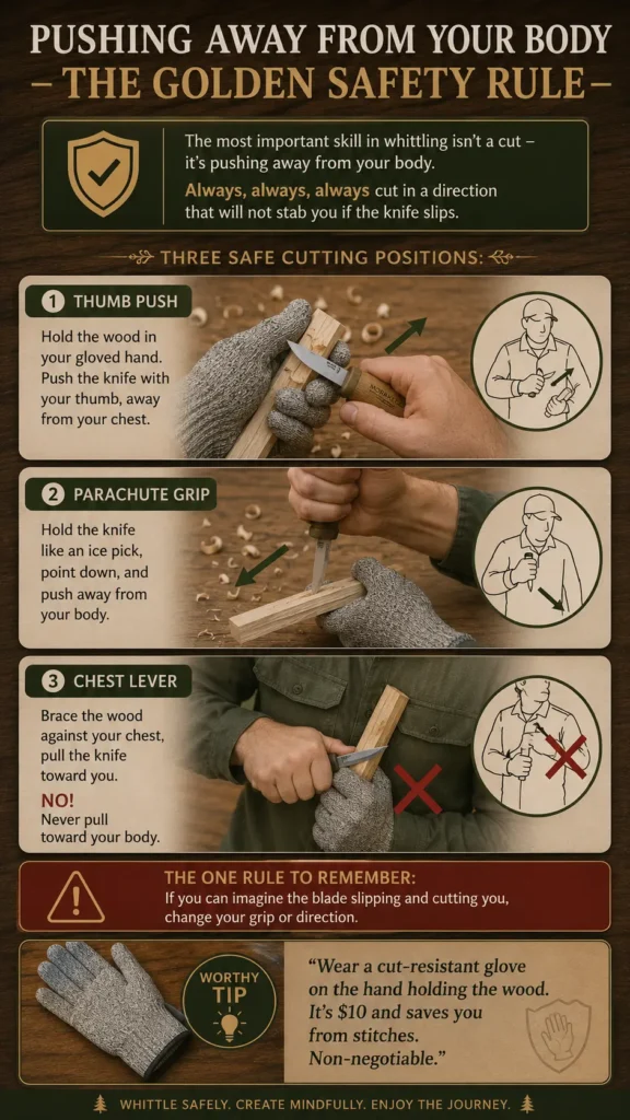An infographic guide titled "Pushing Away from Your Body – The Golden Safety Rule.webp". The image details whittling safety techniques. Three main panels feature close-up photos and corresponding line drawings of knife grips: the "Thumb Push" and "Parachute Grip" are shown as safe methods pushing away from the body, while the "Chest Lever" shows a dangerous pulling motion crossed out with a red X. A warning section and a "Worthy Tip" box recommending a cut-resistant glove are at the bottom.