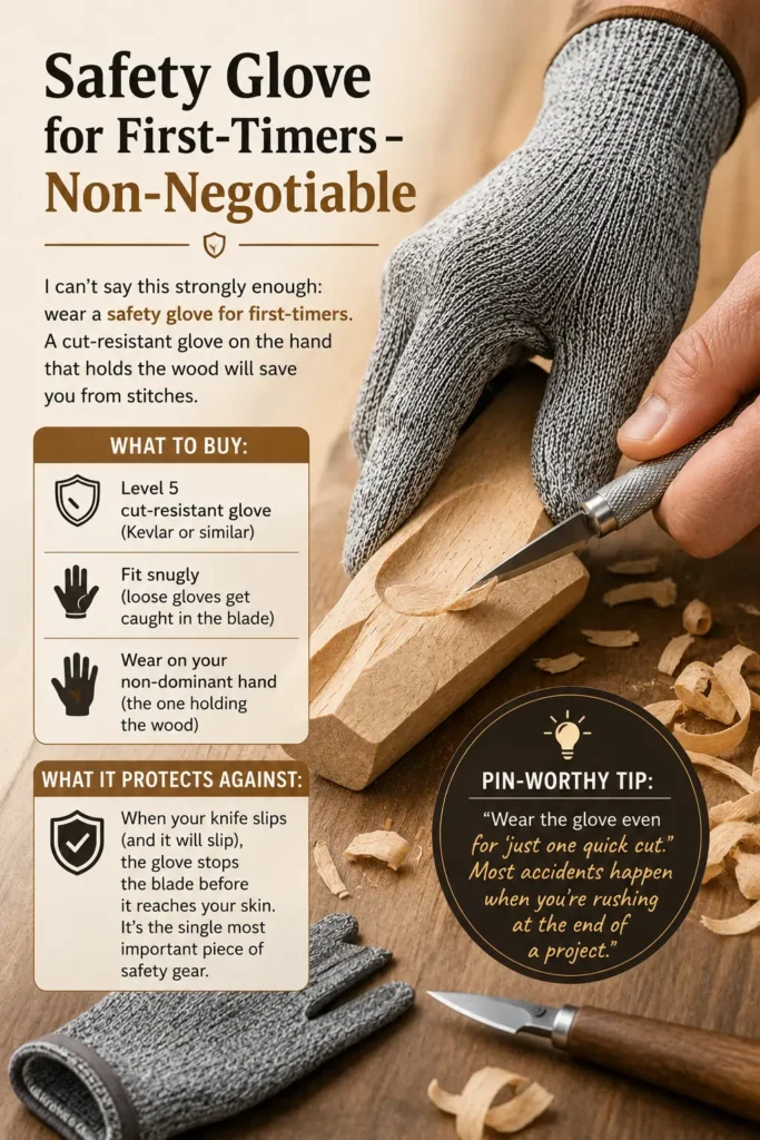 An infographic titled "SAFETY GLOVE FOR FIRST-TIMERS – NON-NEGOTIABLE." The main image shows a person's non-dominant hand wearing a grey textured, cut-resistant glove while holding a wooden piece being carved with a craft knife. Sidebar panels detail "WHAT TO BUY" (Level 5 cut-resistant glove that fits snugly) and "WHAT IT PROTECTS AGAINST" (knife slips reaching the skin). A circular "PIN-WORTHY TIP" emphasizes wearing the glove even for quick cuts at the end of a project.