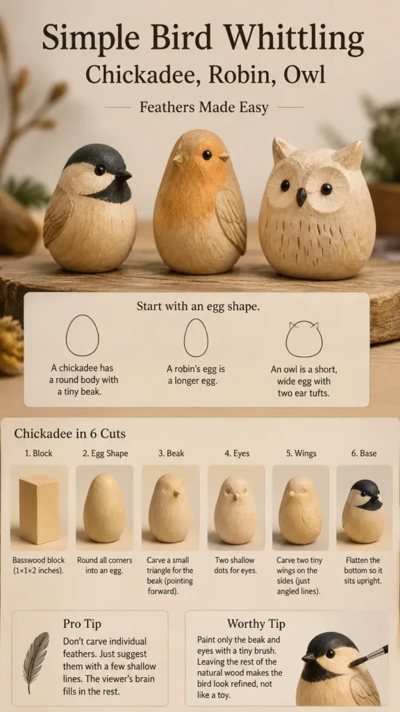 An infographic titled "Simple Bird Whittling (Chickadee, Robin, Owl) – Feathers Made Easy.webp". The top shows three wooden, hand-carved, egg-shaped birds: a black-capped chickadee, an orange-breasted robin, and a light-brown owl with ear tufts. Below them, a diagram explains the basic shapes for each bird, followed by a step-by-step visual guide titled "Chickadee in 6 Cuts," showing how to carve a basswood block into a finished bird. Tips at the bottom advise on carving subtle feathers and painting.