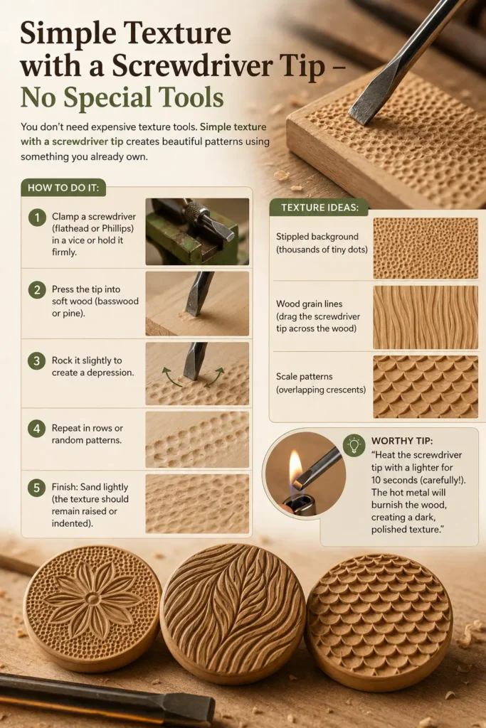 An infographic titled "Simple Texture with a Screwdriver Tip – No Special Tools.webp". The top right shows a flathead screwdriver pressed into a wooden block to create a dimpled surface. On the left, five numbered steps demonstrate clamping a screwdriver, pressing it into soft wood, rocking it, repeating patterns, and sanding. The right side displays texture ideas like stippled, wood grain lines, and scales, alongside a tip about heating the tip with a lighter. Three textured round carvings rest at the bottom.