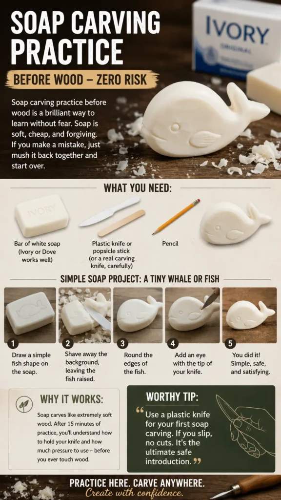 An instructional infographic titled "Soap Carving Practice Before Wood – Zero Risk.webp". The image explains how to practice carving using a bar of white soap, a plastic knife or popsicle stick, and a pencil. A 5-step photo guide illustrates carving a tiny whale: drawing the shape, shaving the background, rounding the edges, adding an eye, and the final result. A "Worthy Tip" section at the bottom features a line drawing of a hand safely holding a plastic knife to carve soap.