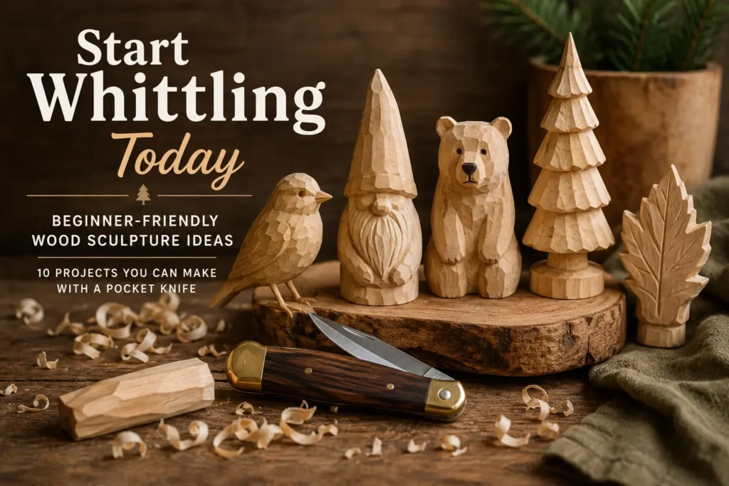 An infographic title image for "Start Whittling Today Beginner-Friendly Wood Sculpture Ideas .webp". It displays five hand-carved wooden figures arranged on and next to a rustic wood slice: a bird, a bearded gnome with a tall hat, a sitting bear, a tiered evergreen tree, and a carved leaf. In the foreground, an open pocket knife sits on a wooden workbench surrounded by curly wood shavings, a small faceted piece of wood, and a green cloth.