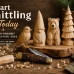An infographic title image for "Start Whittling Today Beginner-Friendly Wood Sculpture Ideas .webp". It displays five hand-carved wooden figures arranged on and next to a rustic wood slice: a bird, a bearded gnome with a tall hat, a sitting bear, a tiered evergreen tree, and a carved leaf. In the foreground, an open pocket knife sits on a wooden workbench surrounded by curly wood shavings, a small faceted piece of wood, and a green cloth.
