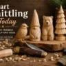 An infographic title image for "Start Whittling Today Beginner-Friendly Wood Sculpture Ideas .webp". It displays five hand-carved wooden figures arranged on and next to a rustic wood slice: a bird, a bearded gnome with a tall hat, a sitting bear, a tiered evergreen tree, and a carved leaf. In the foreground, an open pocket knife sits on a wooden workbench surrounded by curly wood shavings, a small faceted piece of wood, and a green cloth.