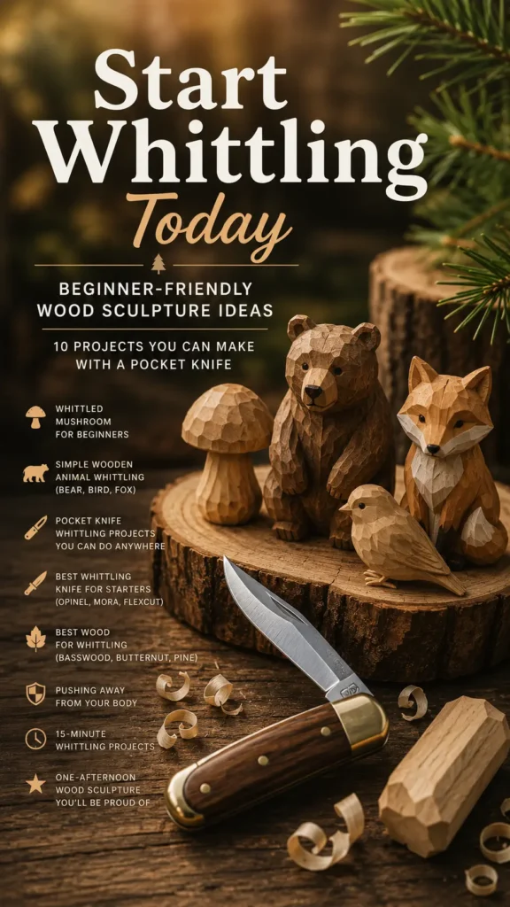 An infographic titled "Start Whittling Today Beginner-Friendly Wood Sculpture Ideas – 10 Projects You Can Make With a Pocket Knife.webp". On a log slice, four hand-carved wooden sculptures stand together: a mushroom, a sitting bear, a small bird, and a detailed fox. To the left is a list of topics with icons. In the foreground, an unfolded pocket knife rests on a wood surface surrounded by delicate curly wood shavings, a small block of wood, and pine needles in the upper corner.