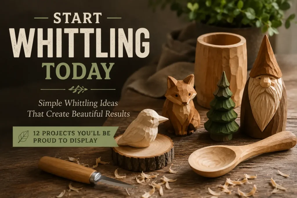 An infographic poster titled Start Whittling Today Simple Whittling Ideas That Create Beautiful Results.webp. It features a collection of handmade wooden crafts arranged on a rustic table with wood shavings and a carving knife. The items include an unpainted bird on a small log slice, a detailed brown fox, a green evergreen tree, a tall bearded gnome with a pointed hat, a large wooden mug, and a hand-carved spoon. A green banner highlights "12 projects you'll be proud to display."