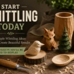 An infographic poster titled Start Whittling Today Simple Whittling Ideas That Create Beautiful Results.webp. It features a collection of handmade wooden crafts arranged on a rustic table with wood shavings and a carving knife. The items include an unpainted bird on a small log slice, a detailed brown fox, a green evergreen tree, a tall bearded gnome with a pointed hat, a large wooden mug, and a hand-carved spoon. A green banner highlights "12 projects you'll be proud to display."