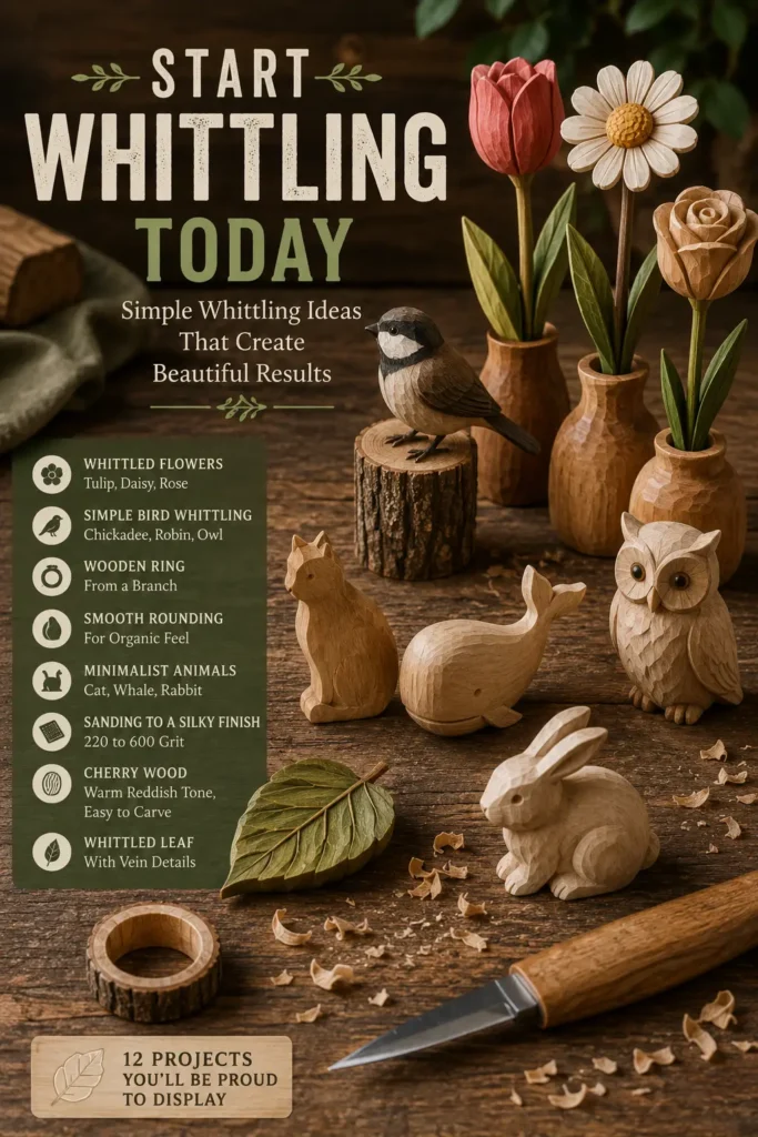 An promotional image titled Start Whittling Today Simple Whittling Ideas That Create Beautiful Results 2.webp. It showcases several hand-carved wooden objects on a rustic wooden table scattered with wood shavings. The crafts include a small unpainted bird on a log slice, a detailed brown fox, a green tiered pine tree, a bearded gnome with a pointed hat, a large wooden mug, and a carved spoon. A whittling knife rests in the foreground next to a green banner.