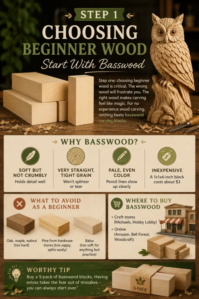 An infographic titled **"STEP 1: CHOOSING BEGINNER WOOD - START WITH BASSWOOD."** The top features several rectangular basswood carving blocks next to a detailed wooden owl sculpture and a carving tool. A section titled **"WHY BASSWOOD?"** explains that it is soft but not crumbly, has a straight grain, is pale in color, and is inexpensive. The bottom includes panels on what to avoid (oak, maple, walnut, pine, and balsa), where to buy wood, and a **"WORTHY TIP"** suggesting a 5-pack of blocks for practice.
