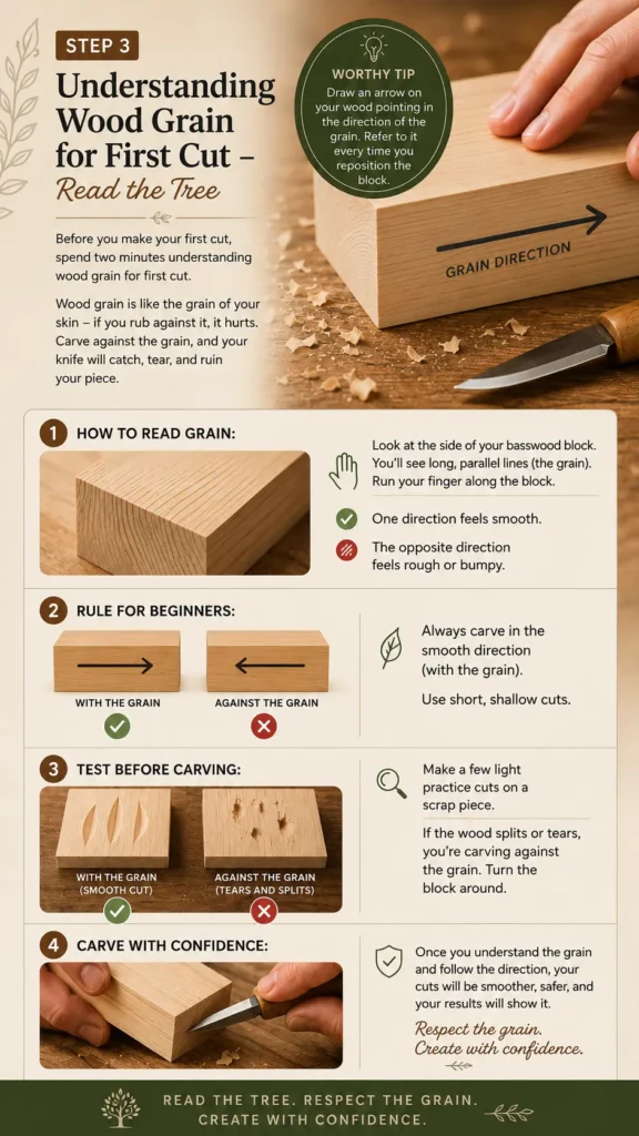 An infographic titled "UNDERSTANDING WOOD GRAIN FOR FIRST CUT – READ THE TREE." The top right shows a hand stabilizing a wooden block marked with a prominent arrow labeled "GRAIN DIRECTION," next to a carving knife. Below, a 4-step layout explains the process: 1) how to read the grain by feeling for smoothness, 2) a rule to always carve with the grain, 3) testing cuts to identify smooth versus torn wood, and 4) carving with confidence once the correct direction is identified.