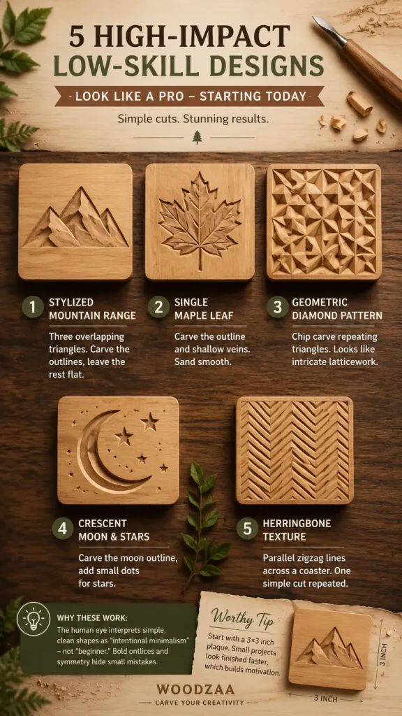 An infographic titled "5 HIGH-IMPACT LOW-SKILL DESIGNS." The top displays a carving tool next to wood shavings. Below, five square wood carvings are shown: a stylized mountain range made of overlapping triangles, a single maple leaf with shallow veins, a geometric diamond pattern resembling latticework, a crescent moon with small stars, and a herringbone texture of parallel zigzag lines. The bottom includes a "Worthy Tip" to start with $3\times3$ inch plaques and the "WOODZAA" brand logo.