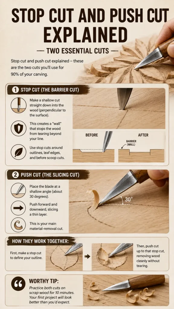 An infographic titled "Stop Cut and Push Cut Explained – Two Essential Cuts.webp" illustrating key woodcarving techniques. Section 1 covers the "Stop Cut," showing a blade slicing straight down to create a barrier wall. Section 2 explains the "Push Cut," demonstrating a blade angled at 30 degrees slicing forward to remove wood. A combination guide shows how they work together to carve a leaf pattern without tearing, followed by a tip to practice both cuts on scrap wood for 10 minutes.