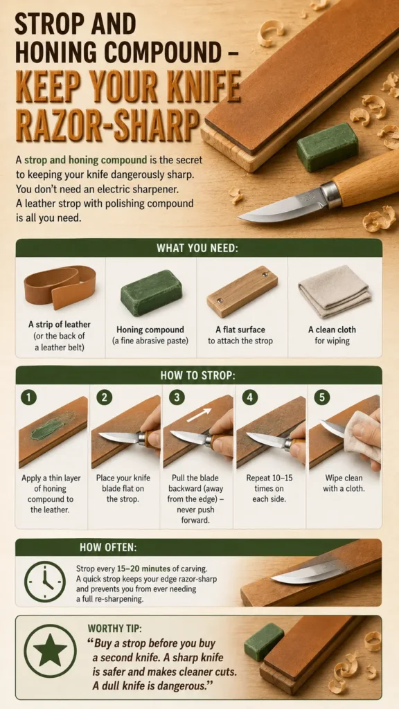 An infographic titled "Strop and Honing Compound – Keep Your Knife Razor-Sharp.webp" detailing knife maintenance. "What You Need" highlights a leather strip, honing compound, flat surface, and clean cloth. A 5-step "How to Strop" guide demonstrates applying compound, placing the blade flat, and pulling it backward 10–15 times. It advises stropping every 15–20 minutes of carving, with a tip emphasizing that a sharp knife is safer and to buy a strop before buying a second knife.