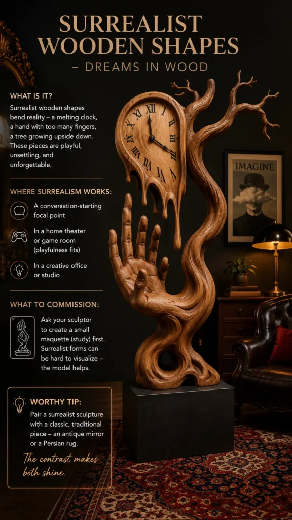 Here is the alt text optimized for Web Stories under 500 characters: An educational infographic titled "Surrealist Wooden Shapes – Dreams in Wood." It features a large, intricately carved wooden sculpture combining a gnarled tree, a giant hand with six fingers, and a melting clock face reminiscent of Salvador Dalí's art. The sculpture sits on a black pedestal in a moody room with a Persian rug. The text defines surrealist wood art as playful and unsettling, lists ideal placements like studios or game rooms, and offers tips on commissioning pieces.