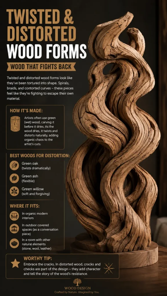 **Alt Text:** > Graphic titled "Twisted and Distorted Wood Forms – Wood That Fights Back." It displays a highly textured, deeply grooved wooden sculpture made of intertwined, contorted curves and spiraling branches on a round wooden base. The left sidebar describes how it's made using green wood, names the best woods for distortion (oak, ash, willow), and lists ideal placements like organic modern interiors. A "Worthy Tip" box on embracing cracks sits above the "Wood Design" logo at the bottom. (486 characters)