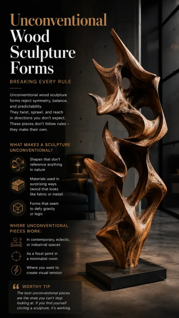 Graphic titled "Unconventional Wood Sculpture Forms – Breaking Every Rule." It showcases a tall, abstract wooden sculpture with sharp, swirling points and hollow cutouts, standing on a black square base inside a modern interior. A dark sidebar on the left explains what makes a sculpture unconventional, highlighting how they defy gravity, logic, and symmetry. A "Worthy Tip" box sits at the bottom, offering advice on choosing engaging pieces. (439 characters)