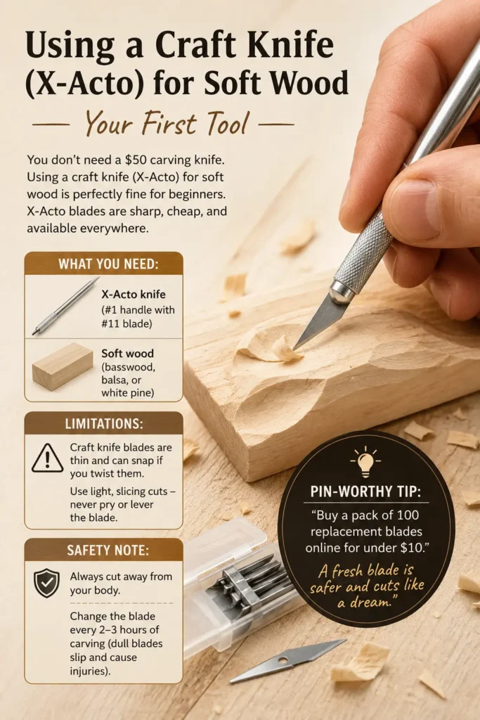 An infographic titled "USING A CRAFT KNIFE (X-ACTO) FOR SOFT WOOD: YOUR FIRST TOOL." The image shows a hand using an X-Acto knife to carve a piece of soft wood, with wood shavings scattered around. Sidebar panels list "WHAT YOU NEED" (X-Acto knife and soft wood), "LIMITATIONS" (blades can snap), and "SAFETY NOTE" (always cut away from the body and change blades frequently). A circular "PIN-WORTHY TIP" suggests buying bulk replacement blades to ensure a fresh, safe carving edge.