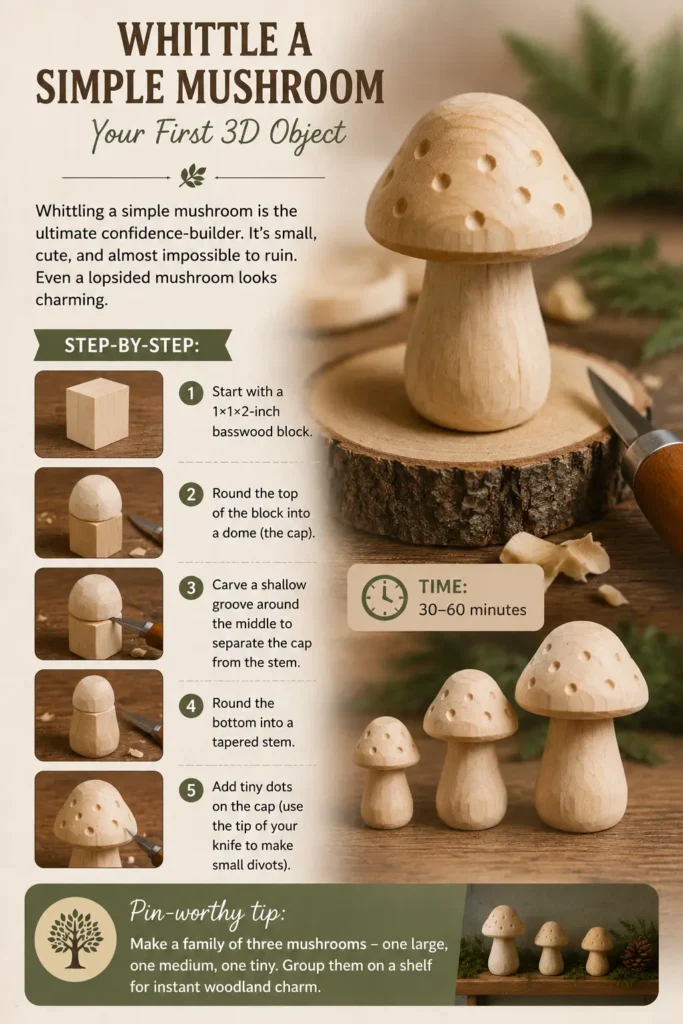 An infographic titled "WHITTLE A SIMPLE MUSHROOM – YOUR FIRST 3D OBJECT.webp". The right side features a hand-carved wooden mushroom with small divots on its cap, standing on a wood slice beside a knife. Below it are three completed mushrooms of varying sizes. The left column outlines a 5-step guide: starting with a $1\times1\times2$-inch basswood block, rounding the top into a dome, carving a groove for the stem, tapering the bottom, and adding dots. A "Pin-worthy tip" is shown at the bottom.