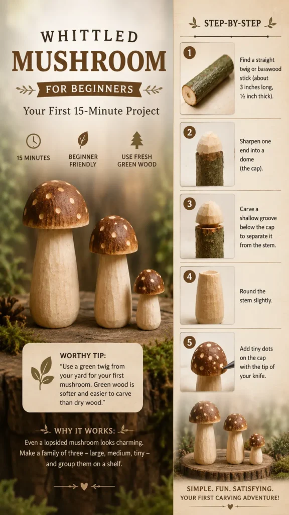 An infographic titled "Whittled Mushroom for Beginners – Your First 15‑Minute Project.webp". The left side features a family of three completed hand-carved wooden mushrooms with brown, white-spotted caps standing on a mossy log. The right side outlines five step-by-step instructions: selecting a straight twig, sharpening one end into a dome cap, carving a shallow groove for the stem, rounding the stem, and adding dots to the cap. A "Worthy Tip" box suggests using green wood.