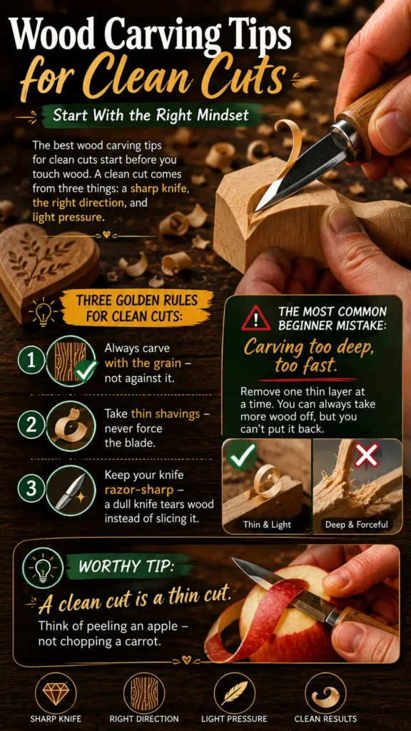 An infographic titled "Wood Carving Tips for Clean Cuts – Start With the Right Mindset.webp" showing techniques for clean woodcuts. A close-up shows hands carving a block of wood with a sharp knife. It lists "Three Golden Rules": carve with the grain, take thin shavings, and keep the knife razor-sharp. It highlights the mistake of carving too deep and fast, contrasting a thin shave with a forceful tear. A tip at the bottom equates a clean cut to a thin cut, comparing it to peeling an apple.