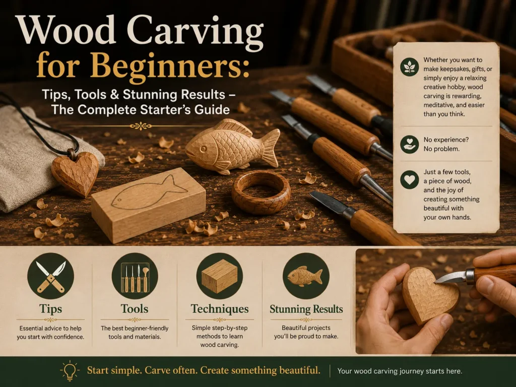 An infographic titled "Wood Carving for Beginners Tips, Tools & Stunning Results – The Complete Starter's Guide.webp" introducing a beginner's carving guide. The background showcases wood shavings, a carved bear, a decorative spoon, a heart, and various knives. A "What You'll Learn" grid lists eight key topics, including reading wood grain, proper knife grips, essential cuts, best starter knives, beginner gouge sets, cut-resistant gloves, and honing compound to carve safely.