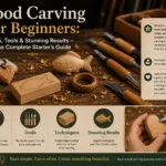An infographic titled "Wood Carving for Beginners Tips, Tools & Stunning Results – The Complete Starter's Guide.webp" introducing a beginner's carving guide. The background showcases wood shavings, a carved bear, a decorative spoon, a heart, and various knives. A "What You'll Learn" grid lists eight key topics, including reading wood grain, proper knife grips, essential cuts, best starter knives, beginner gouge sets, cut-resistant gloves, and honing compound to carve safely.