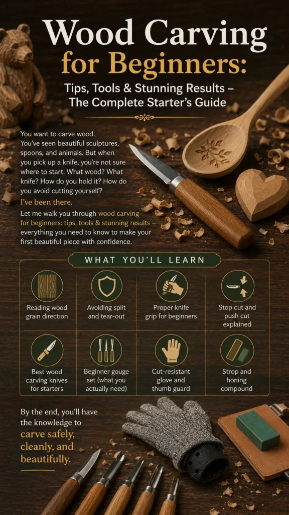 An infographic titled "Wood Carving for Beginners Tips, Tools & Stunning Results.webp" featuring a guide for starters. The top displays carved wooden items on a workbench including a heart pendant, a fish, a ring, and an outlined block next to carving tools and wood shavings. The bottom section outlines four pillars with icons and short descriptions: Tips (essential advice), Tools (beginner-friendly materials), Techniques (step-by-step methods), and Stunning Results (beautiful projects).