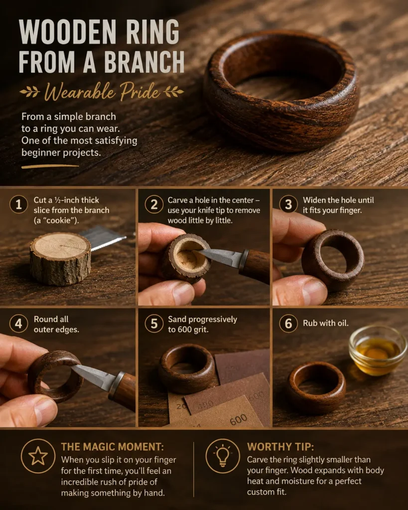 An instructional infographic titled "Wooden Ring from a Branch – Wearable Pride.webp". The image details a 6-step DIY project for making a wearable ring. Step-by-step photos show cutting a thin slice from a branch, carving and widening a center hole with a knife tip, rounding the outer edges, sanding progressively up to 600 grit, and rubbing the finished dark wood ring with oil. The bottom sections include text for "The Magic Moment" and a "Worthy Tip" regarding wood expansion.