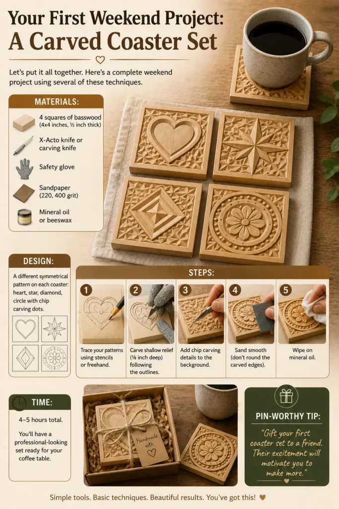 An infographic titled "YOUR FIRST WEEKEND PROJECT: A CARVED COASTER SET.webp" detailing a woodcarving project. The top features four completed basswood coasters with different symmetrical patterns—a heart, star, diamond, and a floral circle—with one holding a coffee mug. A sidebar lists materials like an X-Acto knife and a safety glove. A 5-step guide demonstrates tracing, relief carving, chip carving background details, sanding, and oiling. The bottom shows the set packaged as a gift.