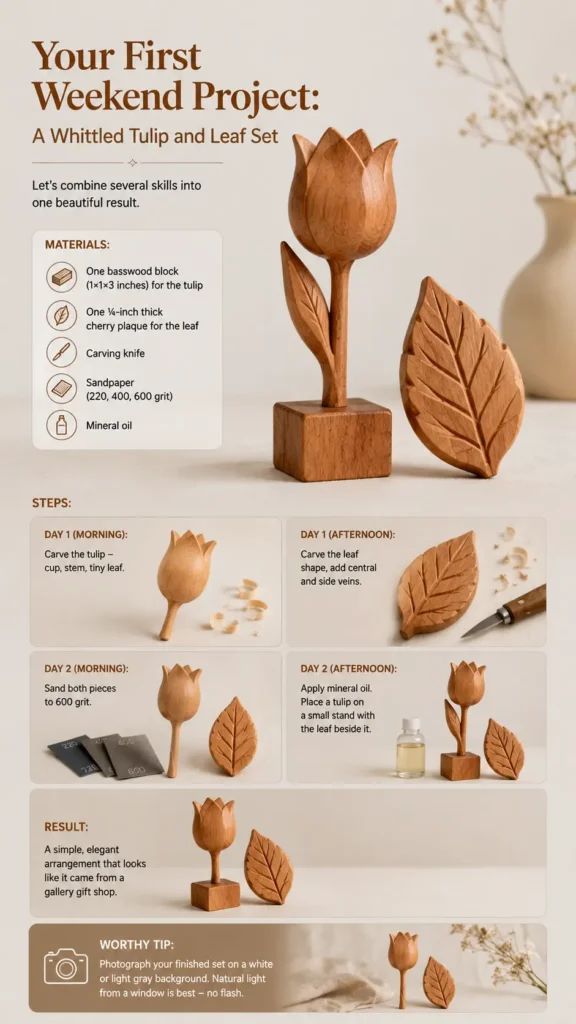 An infographic poster titled Your First Weekend Project A Whittled Tulip and Leaf Set.webp. On the right, it features a finished, polished wooden tulip on a square base alongside a carved wooden leaf. The left side lists required materials like basswood, cherry wood, a carving knife, and sandpaper. Below, a two-day schedule details the steps: carving the tulip and leaf on Day 1, then sanding to 600 grit and applying mineral oil on Day 2. The bottom section displays the final elegant result.