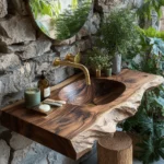 A rustic, bohemian bathroom vanity made from a thick live-edge wood slab with striking, swirling grain patterns and a carved-out integrated wooden sink basin. A sleek, modern gold faucet is mounted directly into a textured, natural gray stone wall. A round mirror hangs above, reflecting lush green foliage. Potted tropical plants, a small wooden stool, a soap dispenser, and toothbrushes in a ceramic holder accent the countertop, creating an earthy, organic, and serene biophilic design.