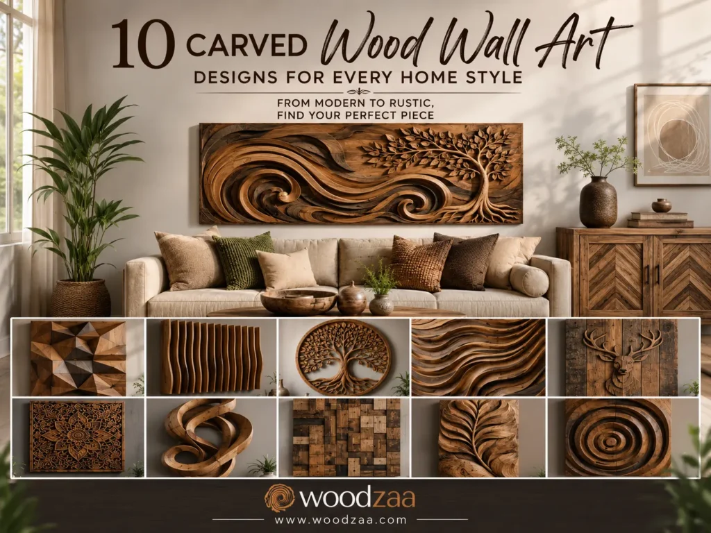 A Pinterest graphic titled "10 Carved Wood Wall Art Designs for Every Home Style" by woodzaa. The main image shows a modern living room with a large, intricate wooden carved panel featuring flowing waves and a detailed tree above a beige sofa. Below, a grid displays 10 smaller examples of wood art, including geometric 3D blocks, abstract waves, a circular tree of life, a carved stag head, mandala patterns, a continuous swirl, and concentric circles.