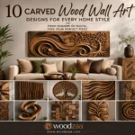 A Pinterest graphic titled "10 Carved Wood Wall Art Designs for Every Home Style" by woodzaa. The main image shows a modern living room with a large, intricate wooden carved panel featuring flowing waves and a detailed tree above a beige sofa. Below, a grid displays 10 smaller examples of wood art, including geometric 3D blocks, abstract waves, a circular tree of life, a carved stag head, mandala patterns, a continuous swirl, and concentric circles.