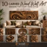 A Pinterest graphic titled "10 Carved Wood Wall Art Designs for Every Home Style" by woodzaa. The main image shows a modern living room with a large, intricate wooden carved panel featuring flowing waves and a detailed tree above a beige sofa. Below, a grid displays 10 smaller examples of wood art, including geometric 3D blocks, abstract waves, a circular tree of life, a carved stag head, mandala patterns, a continuous swirl, and concentric circles.