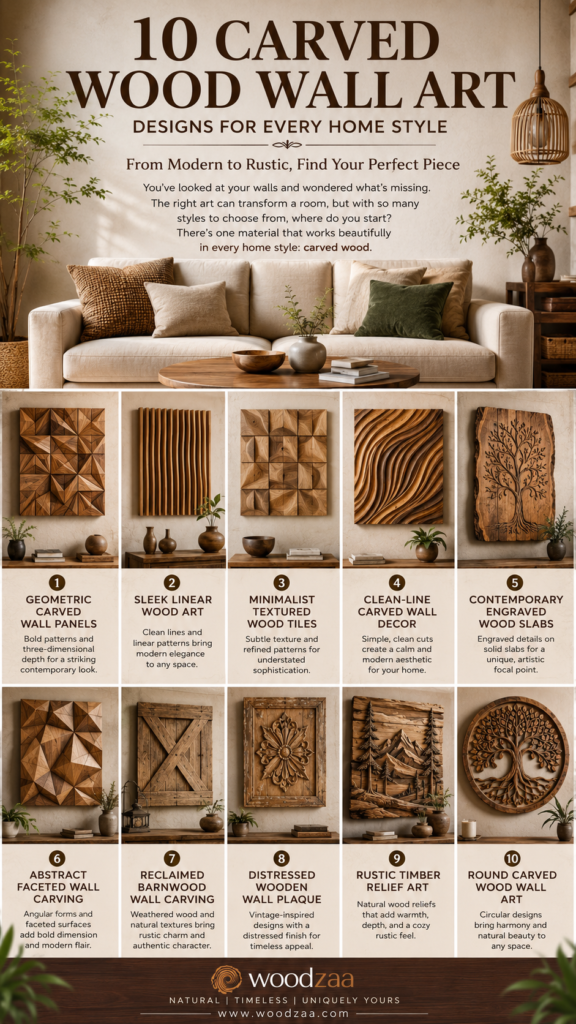 Vertical Pinterest graphic titled "10 Carved Wood Wall Art Designs for Every Home Style" by woodzaa. The top features a modern living room showcasing a large, horizontal wood carving of flowing waves blending into a detailed tree above a beige sofa. Below the room scene, a grid displays ten distinct wood art samples: geometric 3D blocks, abstract vertical slats, a circular tree of life, a carved stag head, intricate mandalas, a continuous 3D swirl, and concentric circles.