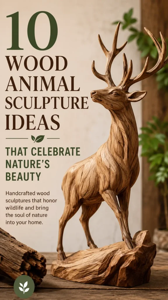 A handcrafted wood animal sculpture of a majestic stag with large antlers standing gracefully on a rustic wooden base. Next to the sculpture, overlay text reads, "10 Wood Animal Sculpture Ideas That Celebrate Nature's Beauty," followed by a short description about handcrafted wildlife art for home decor. The background features warm tones and green leafy plants, emphasizing a natural, rustic aesthetic.