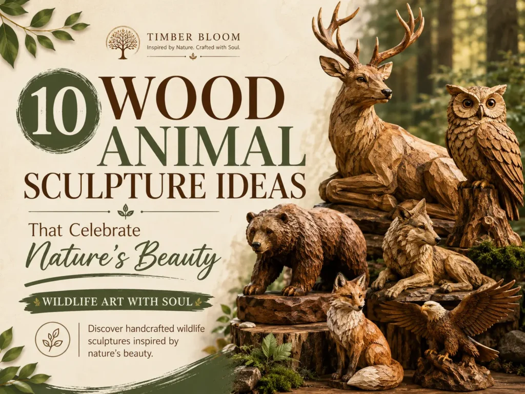 A collection of detailed, handcrafted wooden animal sculptures including a deer, owl, bear, wolf, fox, and eagle displayed outdoors. On the left side, bold text reads "10 Wood Animal Sculpture Ideas That Celebrate Nature's Beauty" with a logo for "Timber Bloom" and subtext reading "Wildlife Art With Soul" and "Discover handcrafted wildlife sculptures inspired by nature's beauty."
