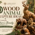 A collection of detailed, handcrafted wooden animal sculptures including a deer, owl, bear, wolf, fox, and eagle displayed outdoors. On the left side, bold text reads "10 Wood Animal Sculpture Ideas That Celebrate Nature's Beauty" with a logo for "Timber Bloom" and subtext reading "Wildlife Art With Soul" and "Discover handcrafted wildlife sculptures inspired by nature's beauty."